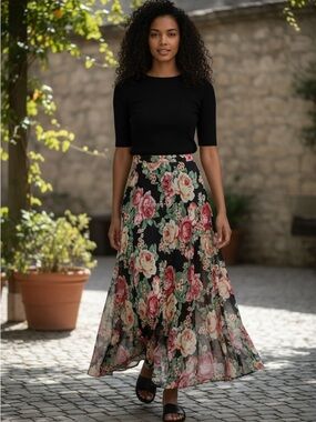 Forever 21 Multicolored Floral Side Slits Maxi Skirt Size Medium